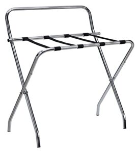 kings brand furniture - metal foldable luggage rack, suitcase stand with back, chrome/black