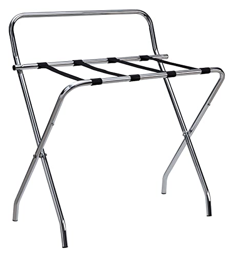 Kings Brand Furniture - Metal Foldable Luggage Rack, Suitcase Stand with Back, Chrome/Black