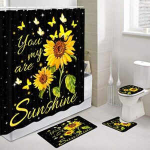 JAWO Sunflowers Butterfly Shower Curtain and Bath Mat Set 69x70 Inch, You are My Sunshine Inspirational Quote Words, Bathroom Mat Set with Contour Toilet Mat, Mat and Toilet Lid Cover