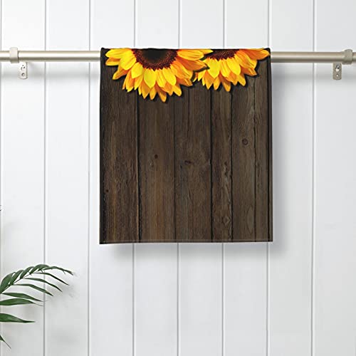 Rustic Wood Sunflower Hand Towel Vintage Brown Wooden Stripe Face Towel Soft Microfiber Board Washcloth for Bathroom Kitchen Farmhouse 12"x27.5"