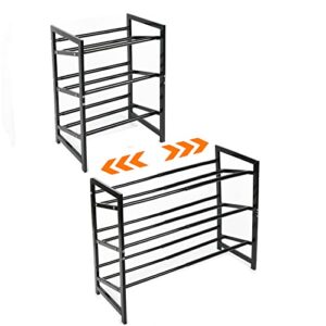 dila expandable shoe rack for closet entryway, 3 tier adjustable shoe shelf modern angled shoes storage organizer, sturdy metal free standing three shelf shoe stand for front door small space, black