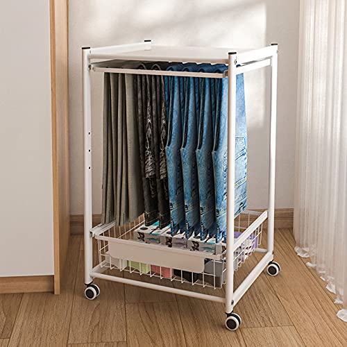 Household Products Removable Pant Trolley, Pull Out Type Trouser Drying Rack Portable Floor Wheeled Organizer Shelf, Steel Closet Wardrobe Rack for Hanging Clothes White