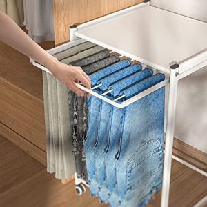 Household Products Removable Pant Trolley, Pull Out Type Trouser Drying Rack Portable Floor Wheeled Organizer Shelf, Steel Closet Wardrobe Rack for Hanging Clothes White