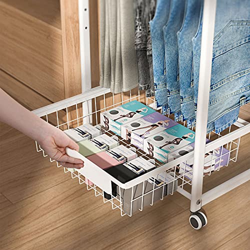 Household Products Removable Pant Trolley, Pull Out Type Trouser Drying Rack Portable Floor Wheeled Organizer Shelf, Steel Closet Wardrobe Rack for Hanging Clothes White