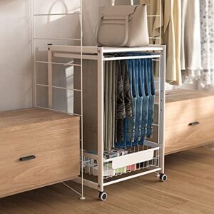 Household Products Removable Pant Trolley, Pull Out Type Trouser Drying Rack Portable Floor Wheeled Organizer Shelf, Steel Closet Wardrobe Rack for Hanging Clothes White