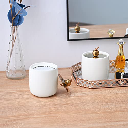 2 Pack Ceramic Qtip Holder Dispenser with Gold Lids, White Apothecary Jars Bathroom Vanity Organizer - Bathroom Canister for Cotton Swabs, Rounds, Balls, Makeup Sponges, Bath Salts