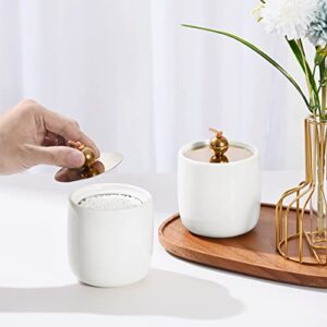 2 Pack Ceramic Qtip Holder Dispenser with Gold Lids, White Apothecary Jars Bathroom Vanity Organizer - Bathroom Canister for Cotton Swabs, Rounds, Balls, Makeup Sponges, Bath Salts