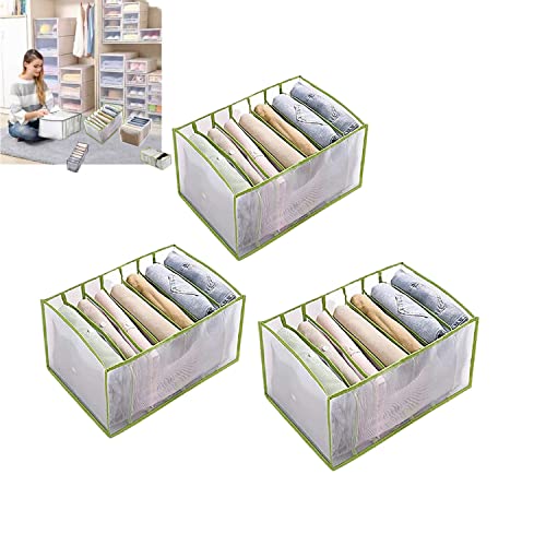 3PCS-7Grids Wardrobe Clothes Organizer and Storage Grids For Jeans Drawers Pants and Leggings (Green,3PCS 7Grids - Jeans)