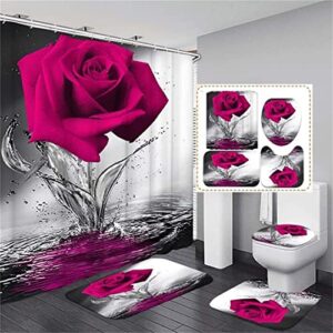 4pcs fushia rose shower curtains with rugs bath mat toilet lid cover and 12 hooks waterproof rose flower bathroom shower curtain set