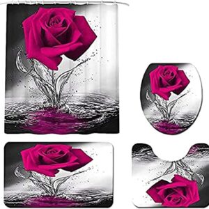 4PCS Fushia Rose Shower Curtains with Rugs Bath Mat Toilet Lid Cover and 12 Hooks Waterproof Rose Flower Bathroom Shower Curtain Set