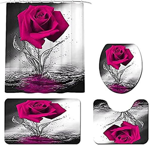 4PCS Fushia Rose Shower Curtains with Rugs Bath Mat Toilet Lid Cover and 12 Hooks Waterproof Rose Flower Bathroom Shower Curtain Set