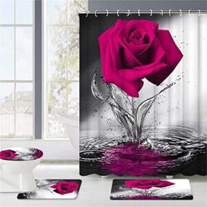 4PCS Fushia Rose Shower Curtains with Rugs Bath Mat Toilet Lid Cover and 12 Hooks Waterproof Rose Flower Bathroom Shower Curtain Set