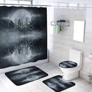 zmcongz night forest 4 piece shower curtain sets full moon tree reflected in the lake with 12 hooks, bath mat set bathroom decor by durable waterproof fabric, 72x72 inch