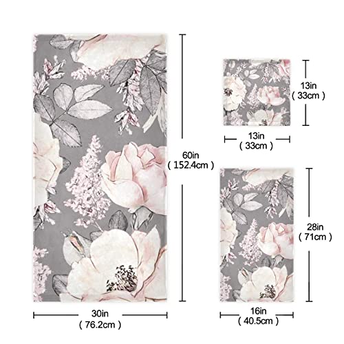 ALAZA Pink Rose Towels Bathroom Sets Flower Gray Towels Set of 3, 1 Bath Towel 1 Hand Towel 1 Washcloth Soft Highly Absorbent Decorative Towels for Kitchen Beach Gym Spa