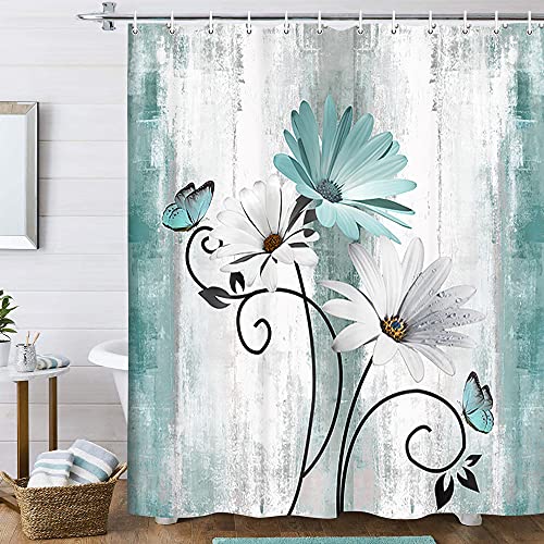 VeiVian Rustic Farmhouse Shower Curtain, Farm Teal Daisy Floral Flowers and Butterfly on Country Wooden Shower Curtain for Bathroom, Turquoise Blue Bathroom Shower Curtains with 12PCS Hooks, 70X70IN