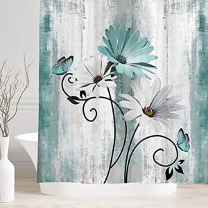 VeiVian Rustic Farmhouse Shower Curtain, Farm Teal Daisy Floral Flowers and Butterfly on Country Wooden Shower Curtain for Bathroom, Turquoise Blue Bathroom Shower Curtains with 12PCS Hooks, 70X70IN