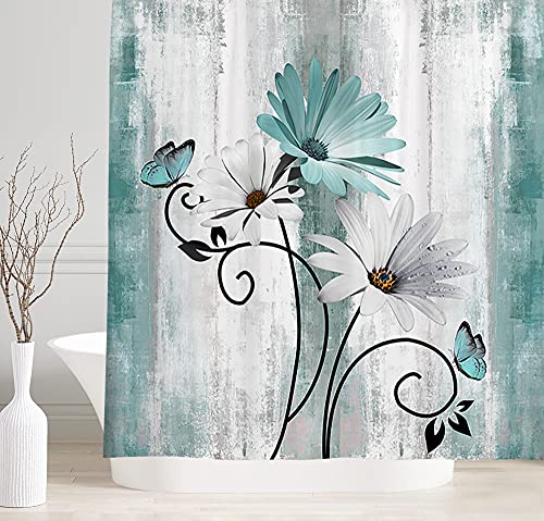 VeiVian Rustic Farmhouse Shower Curtain, Farm Teal Daisy Floral Flowers and Butterfly on Country Wooden Shower Curtain for Bathroom, Turquoise Blue Bathroom Shower Curtains with 12PCS Hooks, 70X70IN