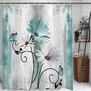 VeiVian Rustic Farmhouse Shower Curtain, Farm Teal Daisy Floral Flowers and Butterfly on Country Wooden Shower Curtain for Bathroom, Turquoise Blue Bathroom Shower Curtains with 12PCS Hooks, 70X70IN