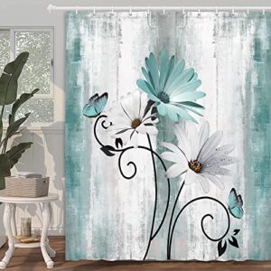 VeiVian Rustic Farmhouse Shower Curtain, Farm Teal Daisy Floral Flowers and Butterfly on Country Wooden Shower Curtain for Bathroom, Turquoise Blue Bathroom Shower Curtains with 12PCS Hooks, 70X70IN