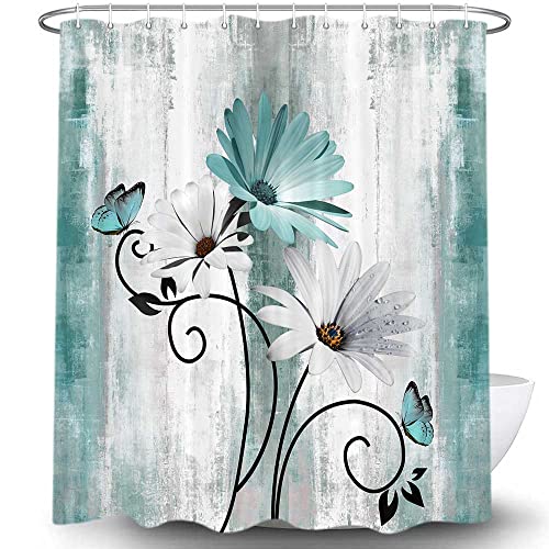 VeiVian Rustic Farmhouse Shower Curtain, Farm Teal Daisy Floral Flowers and Butterfly on Country Wooden Shower Curtain for Bathroom, Turquoise Blue Bathroom Shower Curtains with 12PCS Hooks, 70X70IN