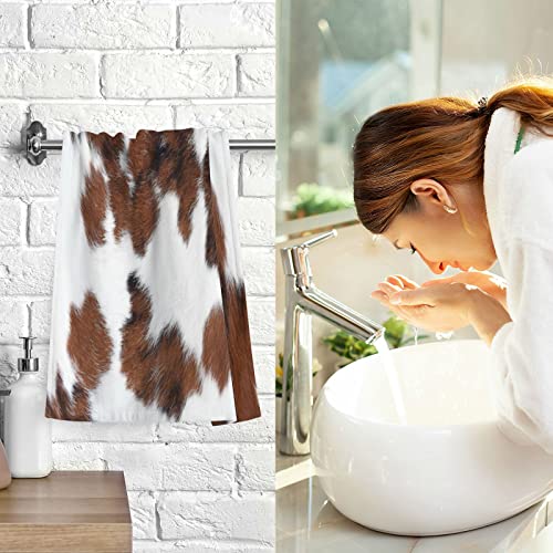 MAOBLYR 2 Pack White Brown Print Cow Towels Pure Cotton Soft Fingertip Towel Absorbent Breathable & Comfort Washcloth for Home Hotel Decor