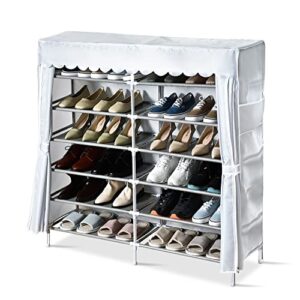 aceyoon 7-tier shoe rack, 30 pairs of shoes double row shoe storage organizer, easy assembly with nonwoven fabric cover shoe cabinet for high heels boots mens shoes 45 x 45 x 11.4 inch (gray)