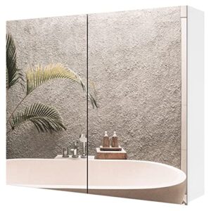 somy bathroom mirror cabinet, frameless wall mounted medicine cabinet with double mirror doors and adjustable shelves, recess or surface mount bathroom hanging cabinet