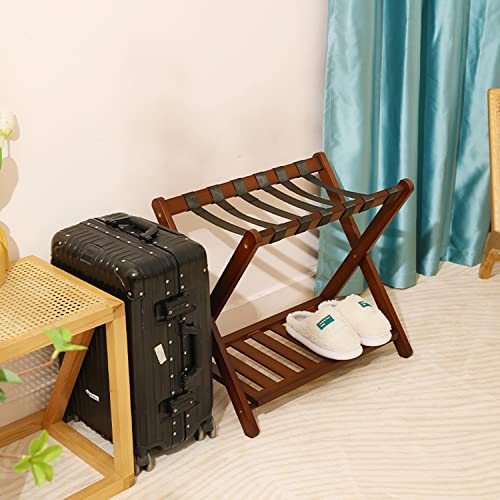 ArtsPavilion Fully Assembled Luggage Rack, Bamboo Folding Luggage Rack Suitcase Stand with Storage Shelf for Home Guest Room Bedroom Hotel