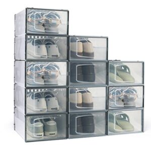 shoe boxes clear plastic stackable, 12 pack foldable shoes organizer storage container for closet space saving (medium, b-clear)