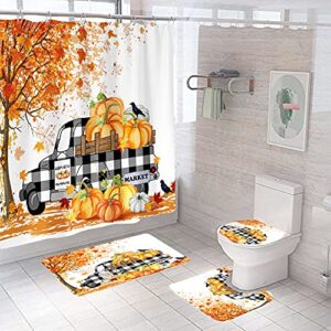 4 Pcs Sets Autumn Pumpkin Truck Shower Curtains Sets with Non-Slip Rugs, Toilet Lid Cover and Bath Mat, Durable, Waterproof Fall Leaves Buffalo Plaid Fall Farmhouse Shower Curtains with 12 Hook