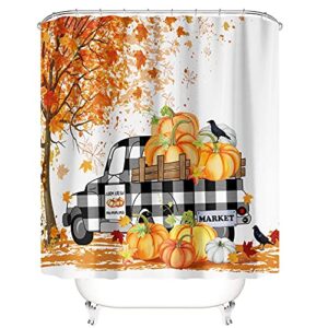 4 Pcs Sets Autumn Pumpkin Truck Shower Curtains Sets with Non-Slip Rugs, Toilet Lid Cover and Bath Mat, Durable, Waterproof Fall Leaves Buffalo Plaid Fall Farmhouse Shower Curtains with 12 Hook