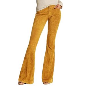 lazapa casual pants for women, fall winter stretch slim tassel corduroy flare jeans button zipper high waist bell bottom yellow