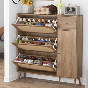 Henf Rattan Shoe Cabinet,Shoes Storage Cabinet with 3 Flip Drawers & Boot Rack,Freestanding Modern Shoes Organizer with Wood Legs, Entryway Shoe Rack Cabinet for Heels,Boots,Slippers (Wood Grain)
