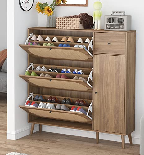 Henf Rattan Shoe Cabinet,Shoes Storage Cabinet with 3 Flip Drawers & Boot Rack,Freestanding Modern Shoes Organizer with Wood Legs, Entryway Shoe Rack Cabinet for Heels,Boots,Slippers (Wood Grain)