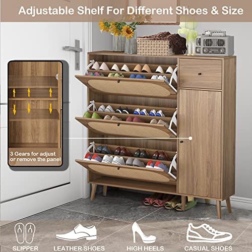 Henf Rattan Shoe Cabinet,Shoes Storage Cabinet with 3 Flip Drawers & Boot Rack,Freestanding Modern Shoes Organizer with Wood Legs, Entryway Shoe Rack Cabinet for Heels,Boots,Slippers (Wood Grain)