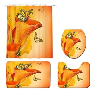 lyerartork 4 pieces calla lily and butterfly shower curtain set with non-slip rug toilet lid cover and bath mat orange valentines day bathroom decor with hooks spring flower floral bathtub curtain