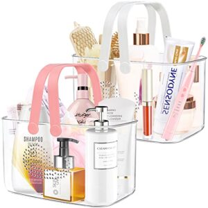 fodiens 2 pack plastic shower caddy basket, portable shower caddy tote storage basket with colorful handles, clear toiletry organizer bin for bathroom kitchen college dorm (white+pink)