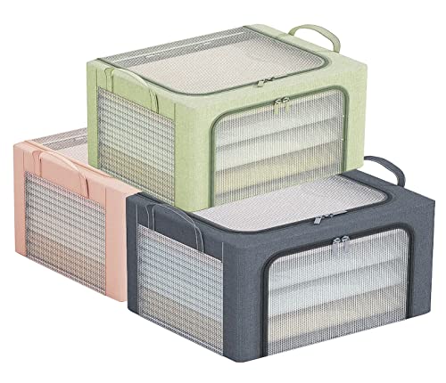 AARAINBOW Closet Clothes Organizer 3 Pcs, Stackable Storage Bins Steel Frame Storage Boxes with Lids Foldable Storage Container with Clear Window & Reinforced Handles, 24L (Gray green pink)