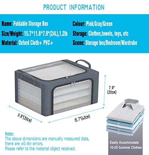 AARAINBOW Closet Clothes Organizer 3 Pcs, Stackable Storage Bins Steel Frame Storage Boxes with Lids Foldable Storage Container with Clear Window & Reinforced Handles, 24L (Gray green pink)