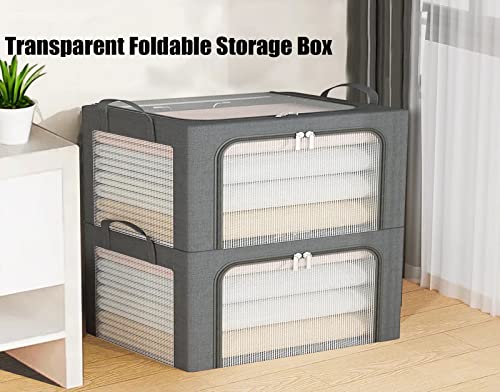 AARAINBOW Closet Clothes Organizer 3 Pcs, Stackable Storage Bins Steel Frame Storage Boxes with Lids Foldable Storage Container with Clear Window & Reinforced Handles, 24L (Gray green pink)