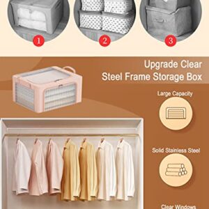 AARAINBOW Closet Clothes Organizer 3 Pcs, Stackable Storage Bins Steel Frame Storage Boxes with Lids Foldable Storage Container with Clear Window & Reinforced Handles, 24L (Gray green pink)