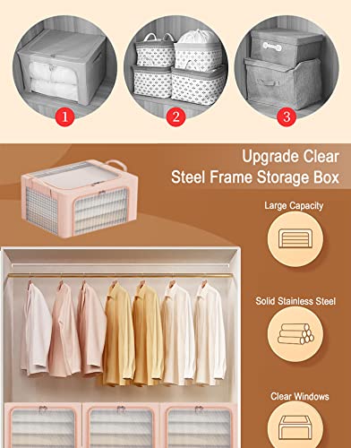 AARAINBOW Closet Clothes Organizer 3 Pcs, Stackable Storage Bins Steel Frame Storage Boxes with Lids Foldable Storage Container with Clear Window & Reinforced Handles, 24L (Gray green pink)