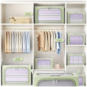 AARAINBOW Closet Clothes Organizer 3 Pcs, Stackable Storage Bins Steel Frame Storage Boxes with Lids Foldable Storage Container with Clear Window & Reinforced Handles, 24L (Gray green pink)