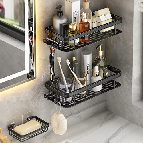 Voldra Shower Caddy Adhesive Shower Shelf With Soap Dish Bathroom Shower Organizer With 4 Hooks Shower Rack Rustproof Shower Storage For Inside Shower&Kitchen Storage-3Pack