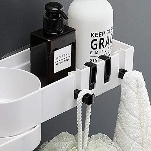 SUNFICON Expandable Bathroom Storage Shelf Adhesive Shower Caddy with Hooks Wall Mounted Kitchen Spice Rack Organizer No Drilling Shower Shampoo Holder 4 Clear Adhesive Stickers Affordable Gift White