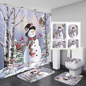 HEWEGO Snowman with Scarf Shower Curtain Sets with Rugs for Bathroom,Christmas Bathroom Sets with Durable Shower Curtain Toilet Lid Cover and 12 Hooks, Snowman Bathroom Curtain(Large Size)