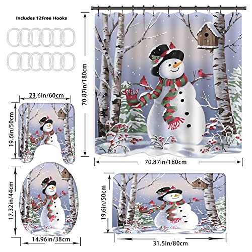 HEWEGO Snowman with Scarf Shower Curtain Sets with Rugs for Bathroom,Christmas Bathroom Sets with Durable Shower Curtain Toilet Lid Cover and 12 Hooks, Snowman Bathroom Curtain(Large Size)