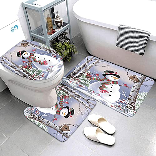 HEWEGO Snowman with Scarf Shower Curtain Sets with Rugs for Bathroom,Christmas Bathroom Sets with Durable Shower Curtain Toilet Lid Cover and 12 Hooks, Snowman Bathroom Curtain(Large Size)