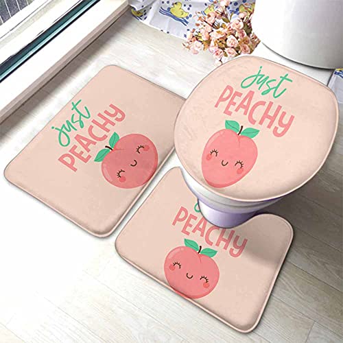 AOYEGO Just Peachy 3 Pieces Bathroom Rugs Set Cute Cartoon Peach Smile Character Fresh Kawaii Fruit Non Slip 23.6X15.7 Inch Soft Absorbent Polyester for Tub Shower Toilet