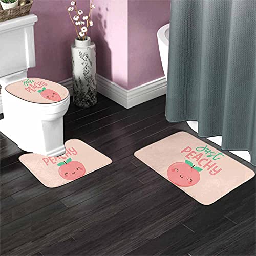 AOYEGO Just Peachy 3 Pieces Bathroom Rugs Set Cute Cartoon Peach Smile Character Fresh Kawaii Fruit Non Slip 23.6X15.7 Inch Soft Absorbent Polyester for Tub Shower Toilet